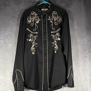 Roper Shirt Mens Large Black Embroidered Western Pearl Snap Rockabilly Vintage